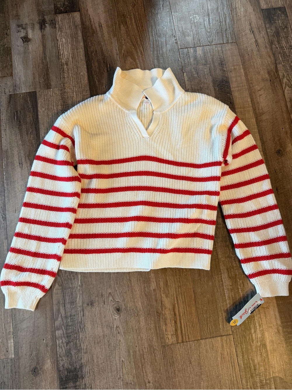Striped Red & Cream Funnel Neck kids Sweater Sz 14 , soft sweater